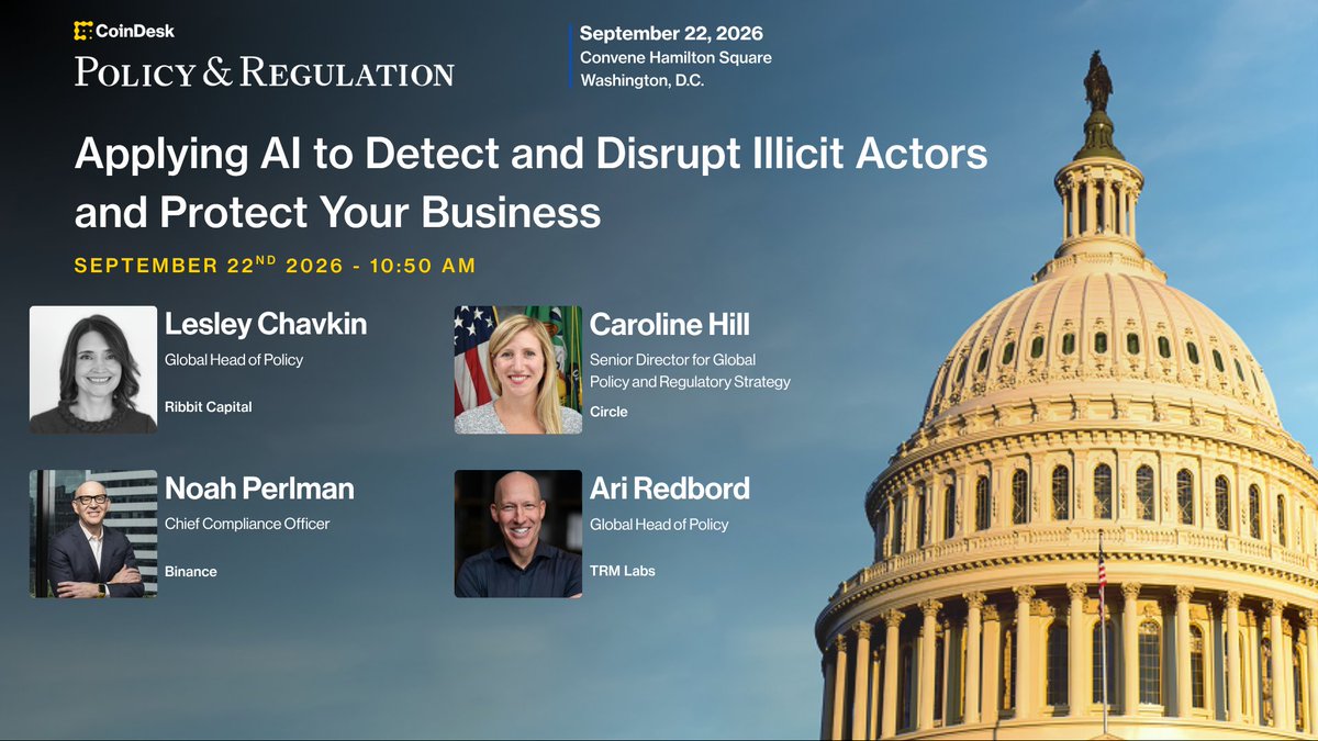 CoinDesk's tweet photo. Only 5 days to go, you don't want to miss Lesley Chavkin of @RibbitCapital, Caroline Hill of @Circle, @NoahBPerlman of @binance, and @ARedbord of @trmlabs for a roundtable on applying AI at CoinDesk: Policy &amp; Regulation. https://t.co/YAca5y0PEg