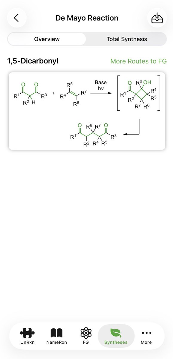 SynStrategy's tweet photo. In the DeMayo reaction, the enol of a 1,3-dicarbonyl and an alkene undergo [2+2] cycloaddition. Retro-aldol of the resulting cyclobutanol yields a 1,5-dicarbonyl.

This has been applied in the #TotalSynthesis of (±)-Longifolene by Oppolzer &amp; co-workers. 
References in thread! https://t.co/gQN8YfZZ7l