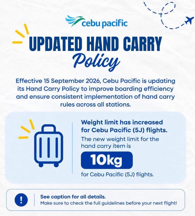 oliviawalkera46's tweet photo. TRAVEL UPDATE! Starting September 15, 2026, Cebu Pacific will increase the standard hand-carry baggage allowance from 7 kg to 10 kg, giving travelers more room for essentials. Message us for bookings and travel assistance. https://t.co/h28jhJaMSO