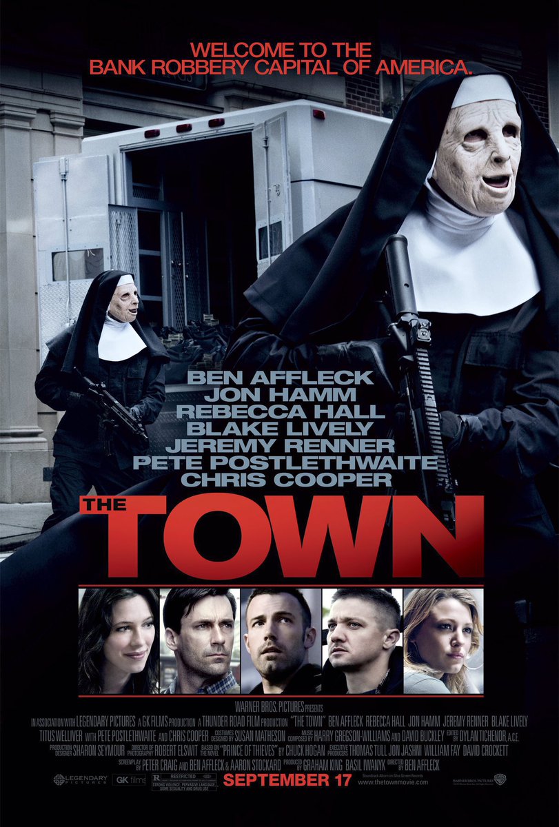 FilmNewsNos's tweet photo. 🎬MOVIE HISTORY: 16 years ago today, September 17, 2010, the movie ‘The Town’ opened in theaters!
#BenAffleck #RebeccaHall #JonHamm #JeremyRenner #BlakeLively #ChrisCooper #PetePostlethwaite #Slaine #OwenBurke @welliver_titus #VictorGarber #DennisMcLaughlin #BrianScannell https://t.co/ZYKXDVHqaZ