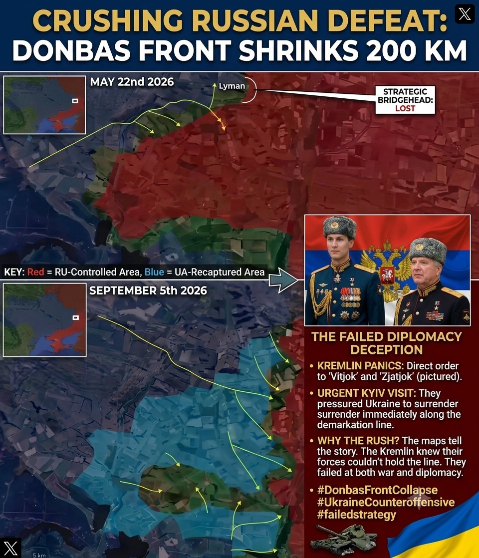 Ukrainene's tweet photo. 🚨 MAJOR DEFEAT IN THE DONBAS: KREMLIN PANIC EXPOSED 💥

​Putin’s forces just suffered a massive strategic loss in the Donetsk region:

• Over 200 km² abandoned by Russian troops.
• Strategically vital bridgehead north of Lyman lost.

​The timing tells the whole story:
Right before this frontline collapse, "Vitjok" and "Zjatjok" rushed to Kyiv to pressure Ukraine into a "surrender along the demarcation line."

​It’s now crystal clear: they were dispatched on direct orders from a panicking Kremlin that knew the Donbas line was about to cave in. They tried to freeze the war through political pressure because they couldn't hold it on the battlefield.

​The map doesn't lie. Strategy failed, diplomacy failed.