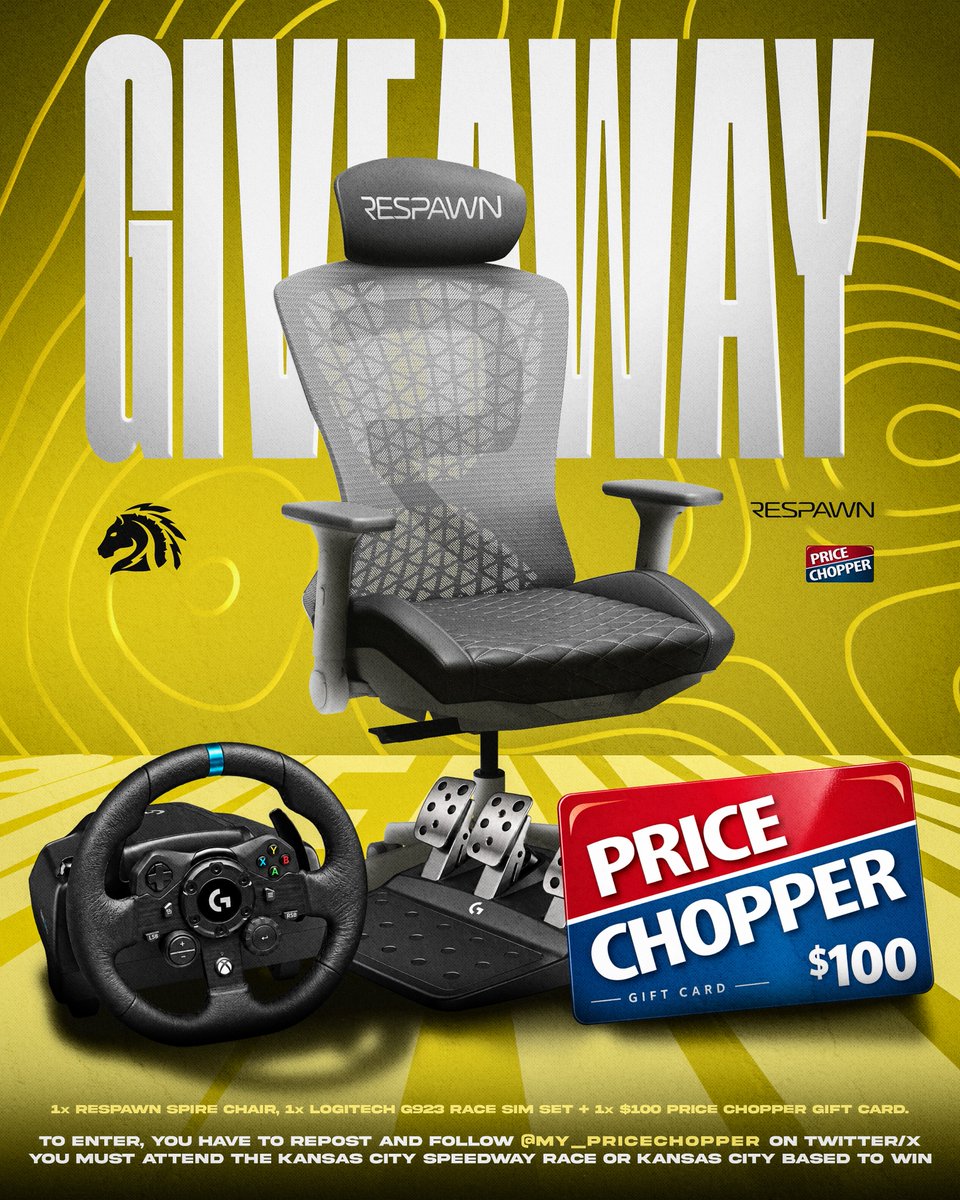 PioneersGG's tweet photo. Kansas City, we’re taking over. 🏁

The Pioneers and @ENASCARGG are teaming up next weekend to celebrate the playoffs at our home track of Kansas Speedway. What better way than to host a HUGE giveaway for our hometown fans! 🎁

One lucky winner will take home the ultimate setup:

🔥 @RESPAWNProducts Spire Gaming Chair

🏎️ Logitech G923 Racing Wheel & Pedals

🛒 $100 Price Chopper Gift Card

A massive shoutout to Price Chopper, a premium sponsor of the Pioneers, for their continued support of our organization and for helping us bring opportunities like this to our community both online and at the track.

HOW TO ENTER:

•  Repost this post
•  Follow @my_pricechopper on X.

•  YOU MUST be attending the Kansas Speedway race weekend or otherwise located in Kansas City to win - prizes will be distributed locally

We'll announce the lucky winner on Friday, September 25th!