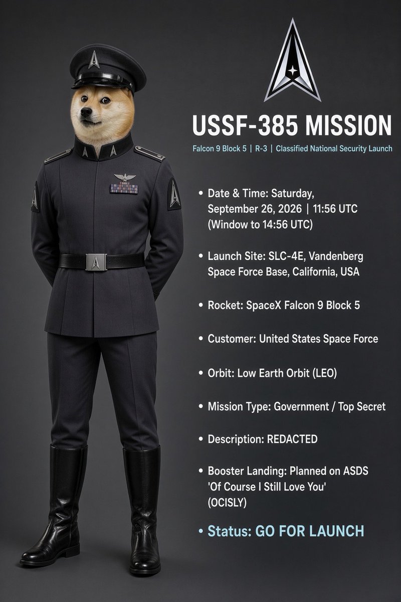 SPACEDOGEanon's tweet photo. The next SpaceX launch for @USSpaceForce will take the USSF-385 mission to orbit. The launch will be streamed live by @SpaceX and reposted here. https://t.co/0snxbenwrX