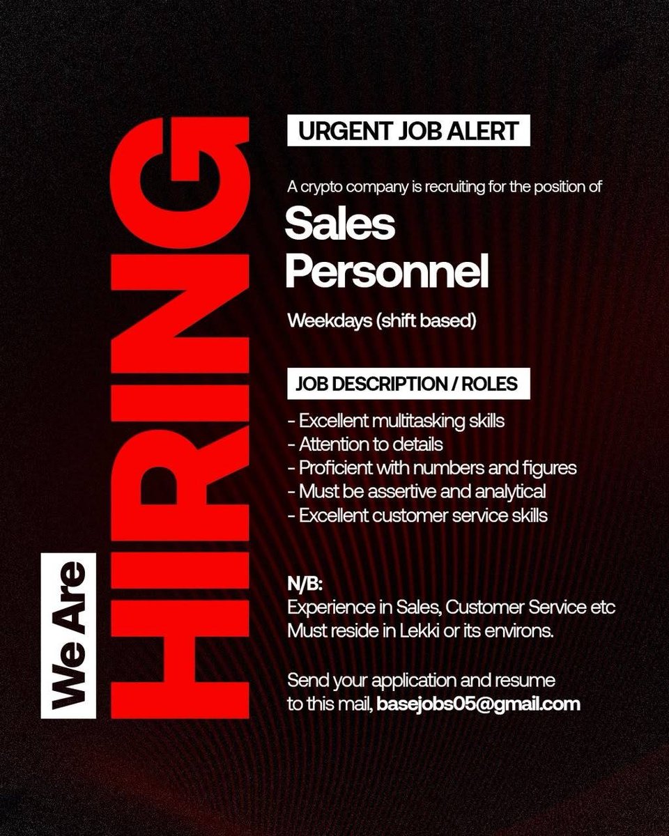 JohnAwodele's tweet photo. Apply for this job or send to someone that needs it.Share https://t.co/JdPliu2BUv