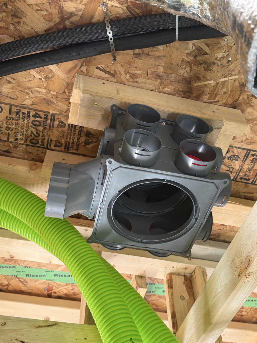 Lanefab's tweet photo. With Small Planet going out of business we’re trying some alternatives to @Zehnder_Passive ventilation systems including this green ducting and Brink HRVs from @475Canada https://t.co/HbyAPOq7nO
