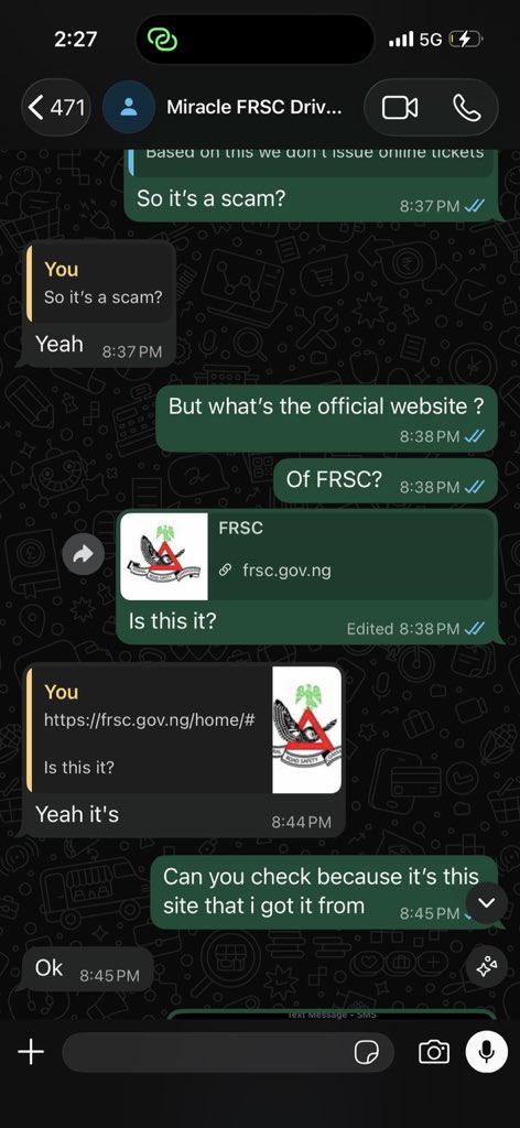 oscarszzn's tweet photo. Next I wanted to check the domain itself. I sent the homepage link to an FRSC officer, and he confirmed it was actually their real website. That confused me even more. How does a scam end up sitting on a genuine domain? https://t.co/a0f5Qopdqh