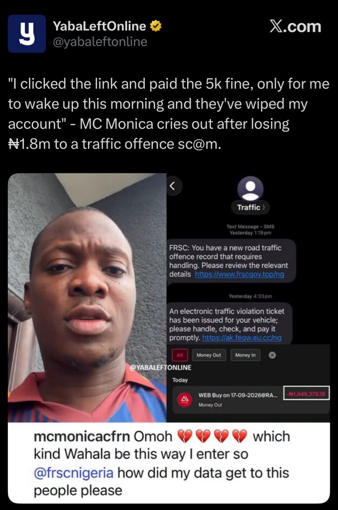 oscarszzn's tweet photo. Yesterday I saw a post about someone who lost ₦1.8m to a fake FRSC traffic offence link. Not long after, I got sent a similar message myself, so I decided to find out exactly how it works. https://t.co/GT3S8rTju4