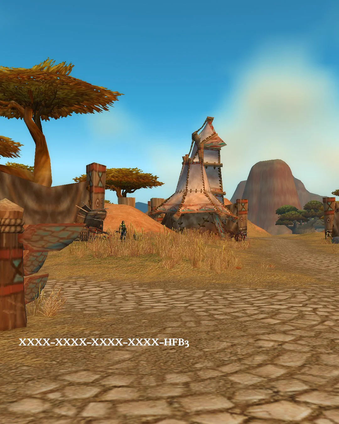A fantasy landscape featuring a dirt path and a large, tent-like structure in the background surrounded by sparse vegetation.