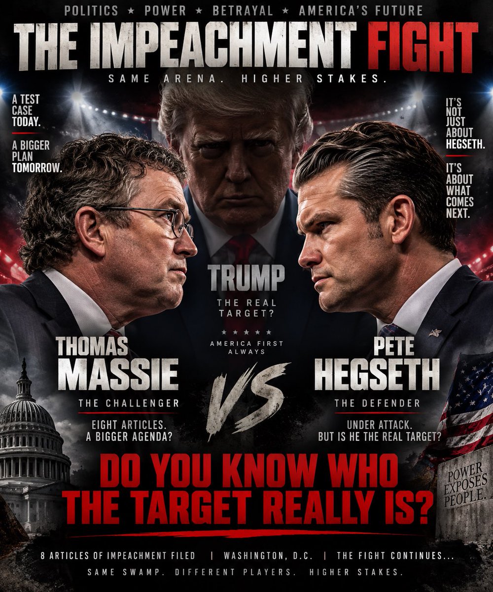xAlphaWarriorx's tweet photo. I told you about Rep. Thomas Massie.

I told you he was not aligned with MAGA or the America First agenda.

Now watch carefully, because what just happened with Pete Hegseth is bigger than Pete Hegseth.

Massie introduced EIGHT articles of impeachment against President Trump’s Secretary of War and used a privileged resolution designed to force the issue onto the House floor.

HEGSETH IS THE TEST CASE.

This isn’t about whether they can remove Pete Hegseth today.

It’s about mapping the battlefield.

Put impeachment on the floor and watch what happens.

Who breaks ranks?

Which Republicans move against the Trump administration?

Who can be pressured?

Who hides?

Who crosses the line when the word IMPEACHMENT is finally put in front of them?

You don’t launch the main operation before you know the battlefield.

You probe it first.

Hegseth is the probe.

Trump is the objective.

They want to know exactly where every Republican stands before the political battlefield shifts around the elections. Hegseth gives them the opportunity to identify the cracks, expose the weak points, and determine whether an impeachment coalition can be assembled.

Remember this post.

Because if articles of impeachment eventually move against President Donald J. Trump, people will act shocked and pretend nobody could have seen it coming.

Some of us are watching the moves before the board tells you what the game is.

When I tell you these people are not who they say they are, next time…….

LISTEN.