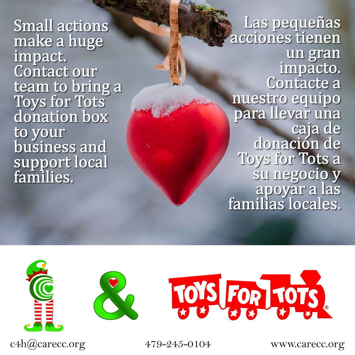 CAREccorg's tweet photo. Small actions make a huge impact. Contact our team to bring a Toys for Tots donation box to your business and support local families.
#ToysForTots #LocalSupport #NWA https://t.co/BmOUjXYiUb