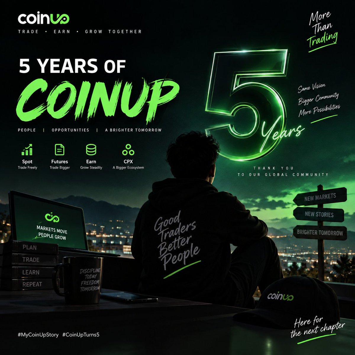 LyrXel's tweet photo. Honestly, when I first came across CoinUp, I didn’t think much about where it would be five years later.
Crypto changes so fast. Exchanges come and go, narratives change, new chains appear, and every year feels completely different from the last one.
But looking at CoinUp today, it’s interesting to see how much the journey has evolved.
From a crypto exchange that started in 2021 to a platform now building around spot, futures, and its own CPX ecosystem — the journey has clearly been about more than just trading. 
And what I personally find interesting is the community side of it.
The campaigns, trading events, rewards, new listings, new products — all these little things slowly become part of the experience of using an exchange.
5 years isn’t just a number.
It’s five years of market cycles.
Five years of new users.
Five years of wins, losses, lessons and probably a lot of sleepless nights for crypto traders 😂
So here’s to CoinUp turning 5. 🥂
The first five years were the beginning.
Let’s see what the next chapter looks like.
#MyCoinUpStory #CoinUpTurns5