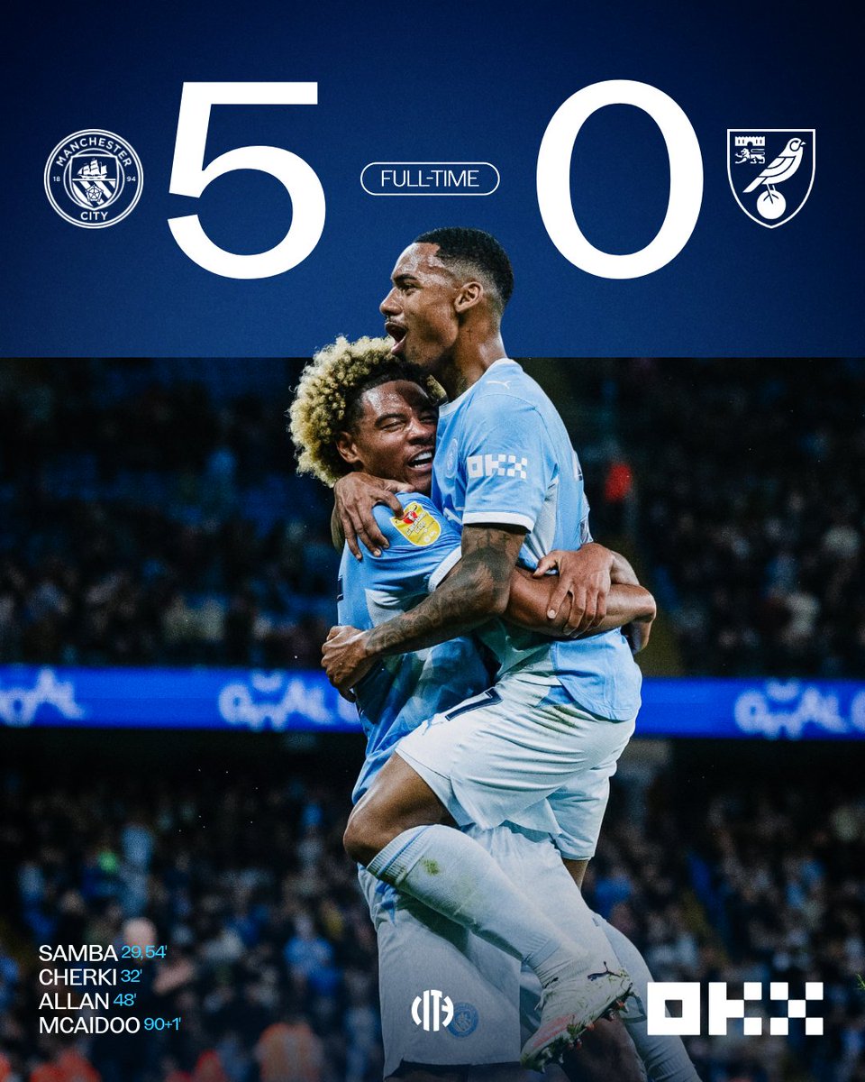 ManCity's tweet photo. A winning start to our League Cup campaign! 🌟

🩵 5-0 🟡 | @okx https://t.co/7SfgDkzbQ3
