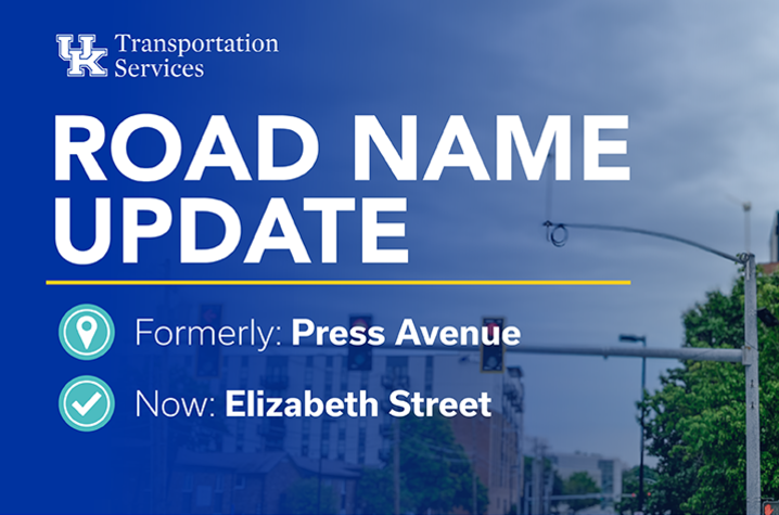 Transportation Services announcement for a road name update. A street previously named Press Avenue is now called Elizabeth Street.