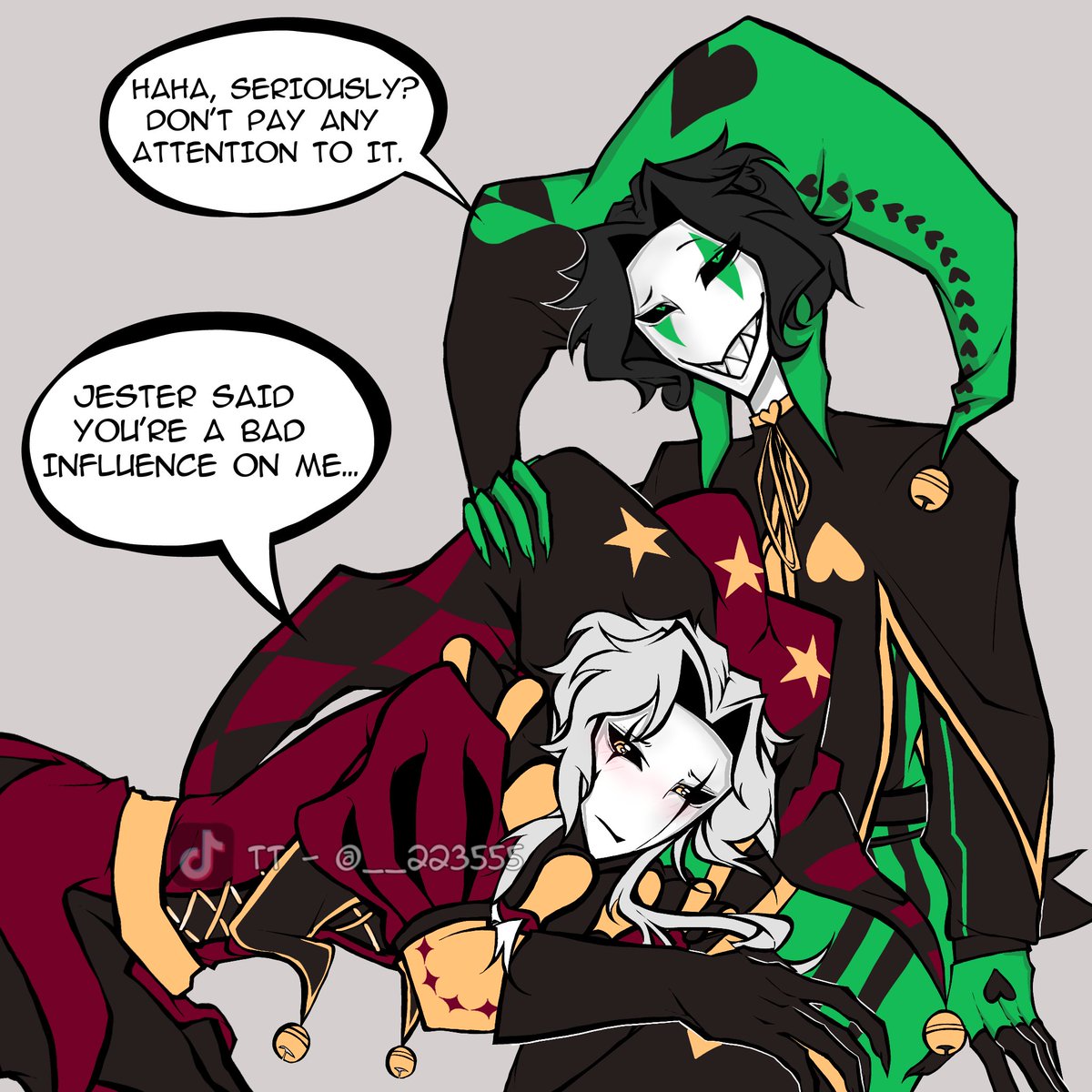 __223555's tweet photo. I love drawing these guys together so much... 🥹
(Version with and without background)
#thefreakcircus #Harlequin #Pierrot #greenapple https://t.co/qwNhCVJE83
