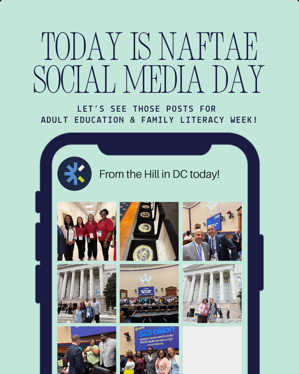 NAFTAE_org's tweet photo. 📣 It’s NAFTAE Social Media Day!

Were you on the Hill today? 🏛️ Tag the legislators or offices you met with and thank them for taking the time to hear from adult education advocates.

📸 Share a moment from your visit and help keep #AdultEducation visible beyond the meeting room.

#AEFLWeek #NAFTAE #AdultEdAdvocacy