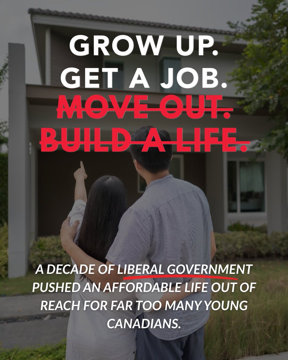BlakeRichardsMP's tweet photo. For too many Canadians, the dream of building an independent future is slipping away.

After more than a decade of Liberal government, young adults who want to be building careers, buying homes and starting families are increasingly having to rely on their parents just to pay for groceries, rent and emergency expenses.

Parents who provided financial support to their adult children last year gave an average of $6,151. Nearly 1 in 5 parents of children aged 35–40 say their kids still aren’t able to be financially independent.

These aren't just statistics. They represent delayed homes, delayed families and dreams put on hold because everyday life has become too expensive.

Canadians work hard. They should be able to build a life of their own, get ahead and look toward the future with confidence.

That’s the Canada I want to see restored.