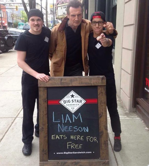 Complex's tweet photo. In 2017, a sandwich shop in Canada put up a sign saying, "Liam Neeson eats here for free," and he showed up https://t.co/dYZ1mmK8fE