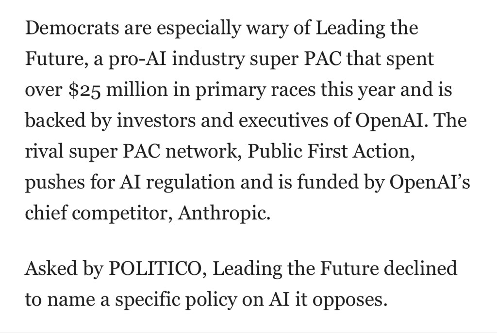 mattyglesias's tweet photo. I keep saying this but if you work at OpenAI and have concerns about AI risk you need to understand that your company’s superpac is one of the major proximate barriers to doing anything. https://t.co/esQsBWdpDz