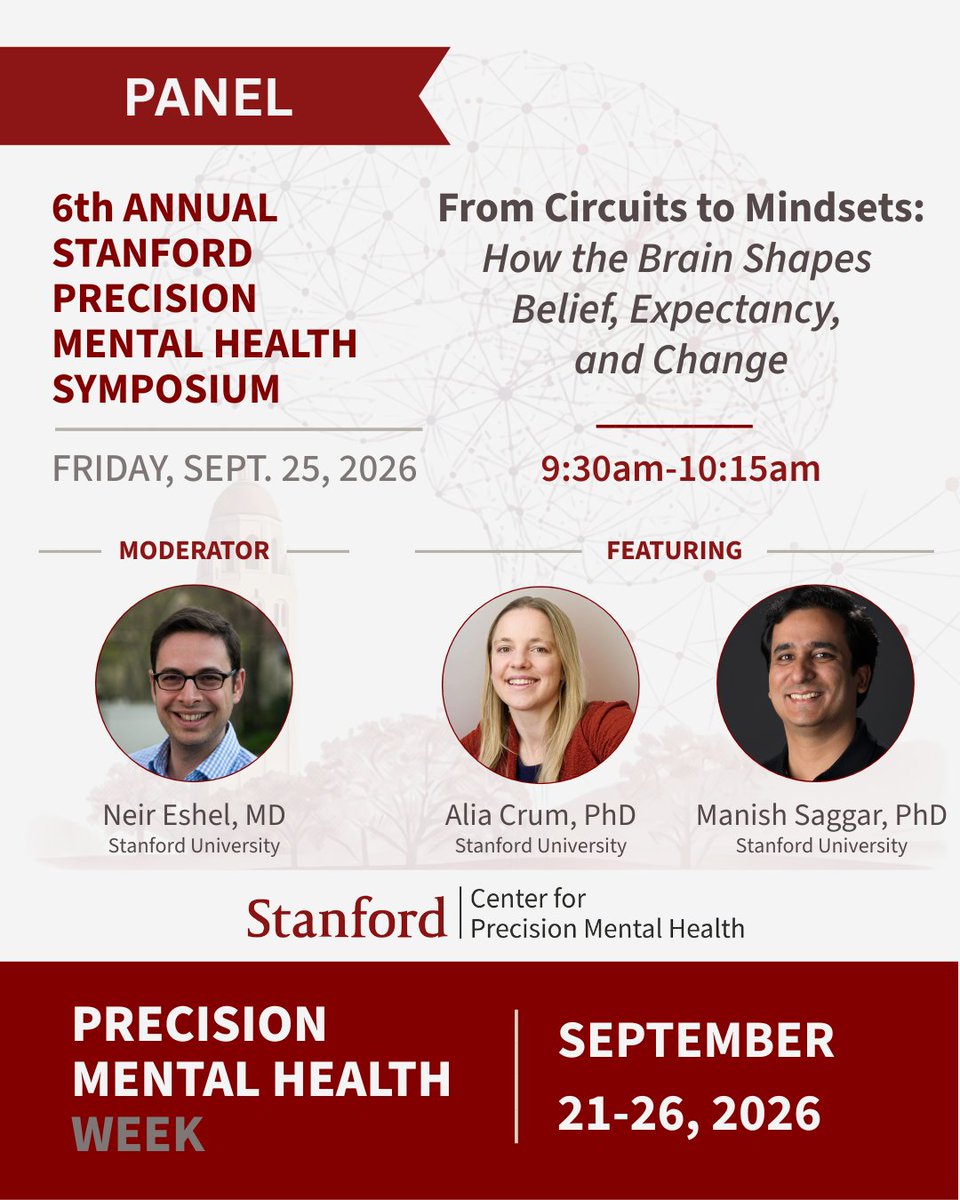 Stanford_CPMH's tweet photo. 🧠 Up next: Dr. Alia Crum (@AliaCrum), Associate Professor of Psychology at Stanford University.

Dr. Crum will explore “Mindset Effects on Neurobiological and Behavioral Outcomes” as part of our session, From Circuits to Mindsets: How the Brain Shapes Belief, Expectancy, and Change.

#PrecisionMentalHealth #StanfordCPMH #Mindset #Neuroscience