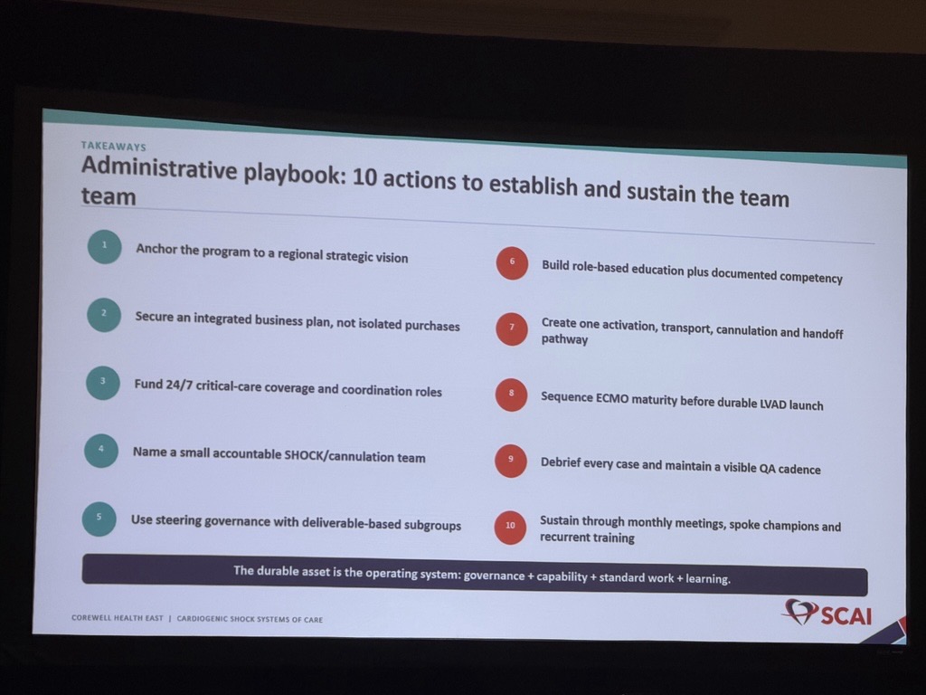 SCAI's tweet photo. @Babar_Basir What does it take behind the scenes to make a #CardiogenicShock team work?

Penny Wilton, MD, walks #SCAISHOCK Precon attendees through practical considerations for the administrative setup of a CS team and for building a program that can be sustained. https://t.co/mLe8WNrgg7