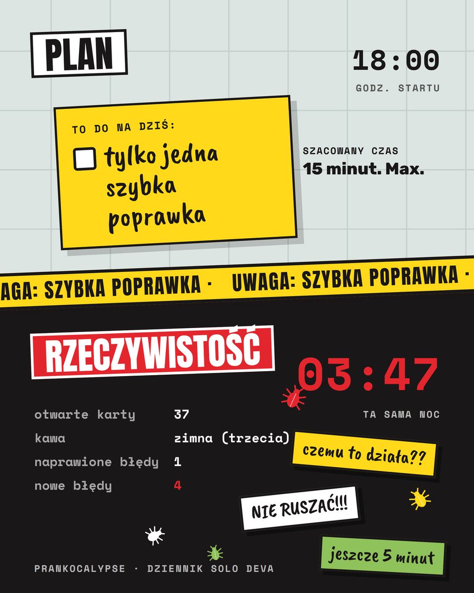 wadidev's tweet photo. Każdy, kto robi gry (albo cokolwiek po godzinach przy komputerze), zna ten scenariusz 👇

„Dziś tylko jedna szybka poprawka.”
Kilka godzin później: 37 otwartych kart, trzecia zimna kawa i cztery nowe błędy 🙃

A jaka była Wasza najdłuższa „szybka poprawka”? https://t.co/etIJhtMMWq