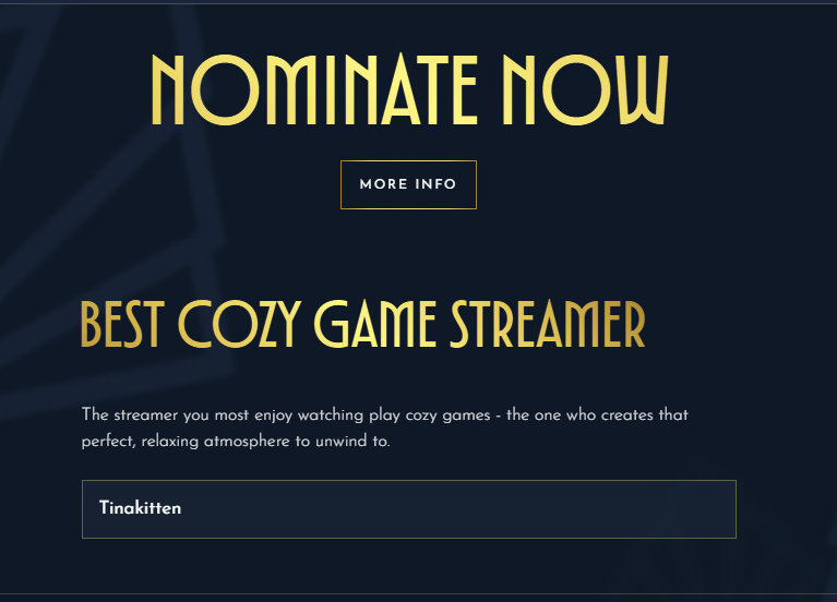 carstairsfox's tweet photo. qsmptwt, carrottwt, etc. can everyone lock in and spread the Tinakitten for Best Cozy Game streamer at the Streamer Awards campaign? 

Tina's streams are the literal definition of winding down relaxing atmosphere for cozy games. She streams 10+ HOURS in cozy games like: 
- Fields https://t.co/QpgjSTcBWw