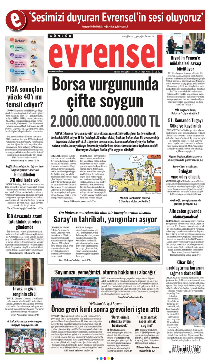 evrenselgzt's tweet photo. 🗞️Borsa vurgununda çifte soygun

2.000.000.000.000 TL

AKP iktidarının “ev alma hayali” satarak borsaya çektiği yurttaşların tasfiye edilecek fonlardaki 950 milyar TL'lik (yaklaşık 20 milyar dolar) birikimi buhar oldu. Bir avuç azınlığı ihya eden sistem çöktü. 2 trilyonluk devasa enkaz kamu bankaları eliyle yine halkın sırtına yıkıldı. Hem yurttaşın tasarrufu yutuldu hem de kurtarma faturası topluma kesildi. Operasyon 2 trilyon liralık çifte soyguna dönüştü.