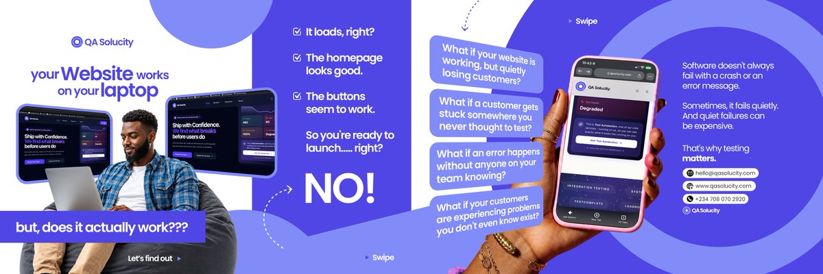 QASolucity's tweet photo. Your website loads. Buttons work. But what if customers are quietly struggling?

Not every failure crashes your system, some just cost you users without making a sound.

Test beyond what works. Find what could go wrong.

Building a product? Let's talk.

#SoftwareTesting https://t.co/c3aGel9YWO