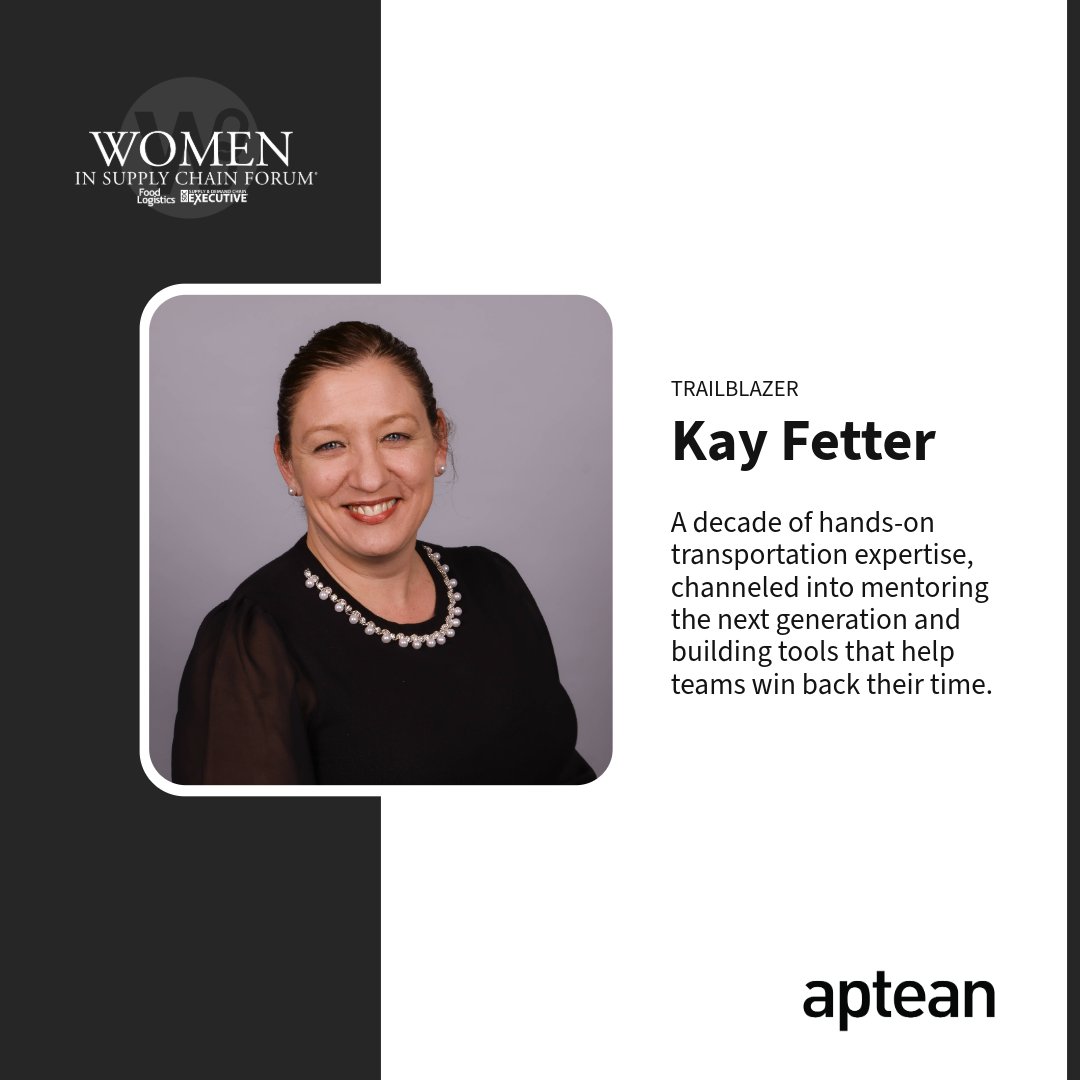 Aptean's tweet photo. Get to know Kay Fetter, who was recently recognized in the 2026 Women in Supply Chain Forum™ Trailblazers category! 🏆

Meet our 2026 winners: https://t.co/osHrsfFaKT

#WomenInSupplyChain https://t.co/eF4uhwsQ4D