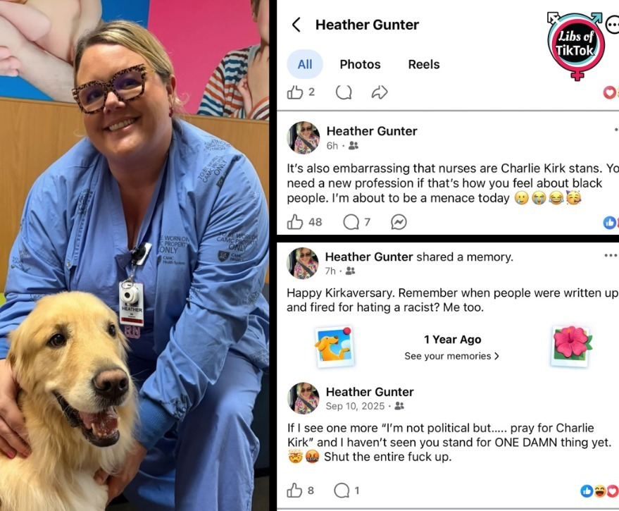 libsoftiktok's tweet photo. SCOOP: Heather Gunter, who appears to be a nurse for @VHCAMC, allegedly made posts online CELEBRATING the “kirkaversary”

She also said she's going to be a "menace" because some nurses support Charlie.

We reached out to Vandalia Health for comment, but they did not respond.

Would you trust this person with your healthcare?