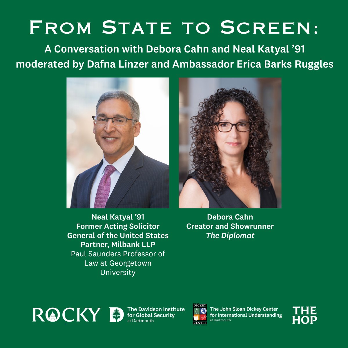 RockefellerCtr's tweet photo. Join us for a conversation with Debora Cahn, creator and showrunner of The Diplomat. Debora will be joined in conversation by Neal Katyal '91, former Acting Solicitor General of the United States 

Register: https://t.co/9cLUDvvtRw.

Livestream:https://t.co/7JA8Ea1G1P. https://t.co/B5mwxbZRgc