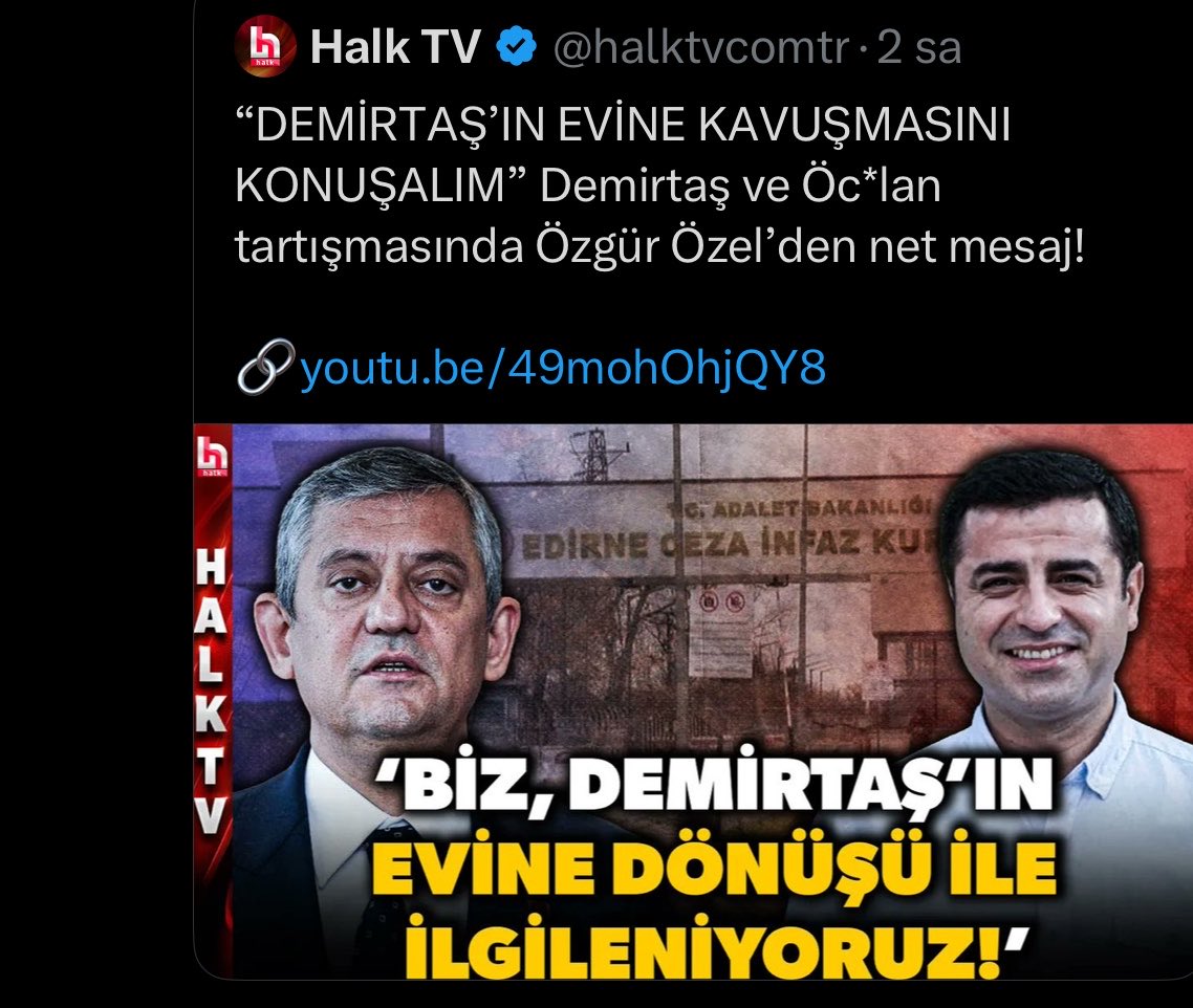 TayipTemel's tweet photo. Bu gazetecilik değil tetikçilik….
Muhalefetin bir meseleye bu kadar sığ, dar ve hakikatinden uzak yaklaşması bir yana, onun güdümündeki medyanın adeta hakareti ve küfrü teşvik eden zihniyeti bir yana…

Öcalan tüm hukuki haklardan yıllardır mahrum bırakılmış iken bir çift söz söylemeyenler; çözüm tartışmaları, savaşın durması ve barış için yürütülen çalışmaya ‘ev tartışması’ çerçevesinden bakmayı tercih eden siyaset neyi çözebilir?

Demirtaş’ın düşüncesini bilmeden onun özgürlüğünün de aslında Kürt sorunun çözümünden bağımsız olmadığını kavramadan siyaset nasıl yapılır?

Halk TV’ye gelince; kullandığı bu gayri ahlaki dili hangi gazetecilik ölçüsü ve etiğiyle değerlendirmeliyiz!
YAZIK…