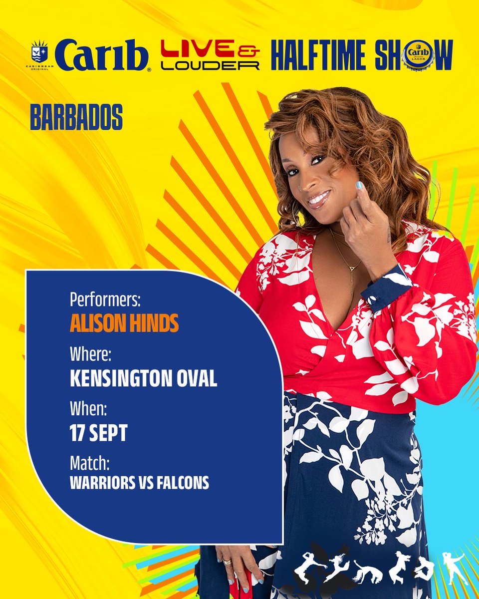 CPL's tweet photo. The Queen will be at the Mecca tonight!👸

Tonight, Bajan Soca Queen Alison Hinds will be performing the Carib Live &amp; Louder Halftime Show! 🇧🇧 

Come for the cricket and stay for the vibes!

#CPL26 #GAWvABF #CricketPlayedLouder #BiggestPartyInSport #Carib https://t.co/i1McmAUD2t