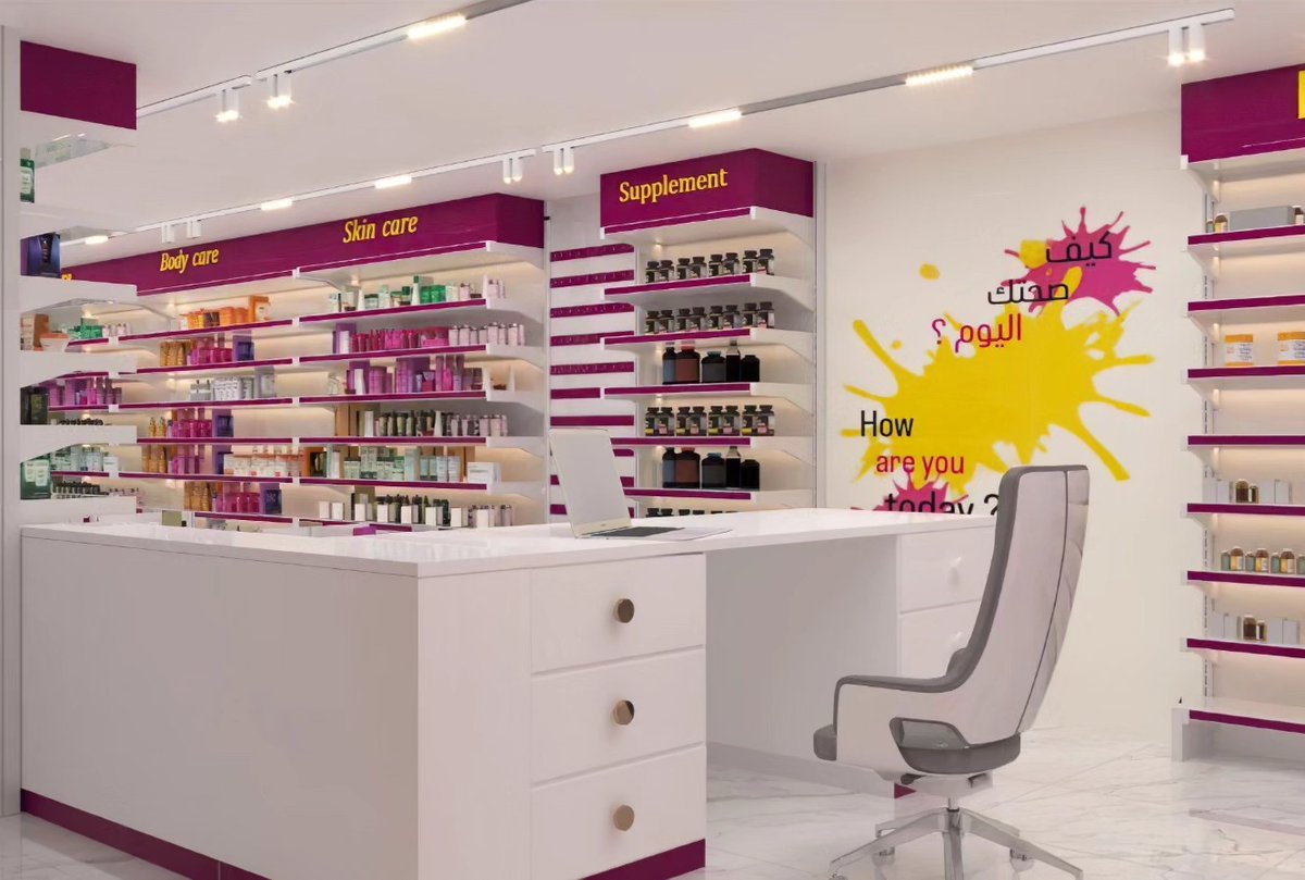 stellathompsong's tweet photo. My design for Noor Shams Pharmacy in the steadfast Tulkarm Camp. A designer’s role is like that of a thoughtful host who anticipates guests’ needs. For design requests or inquiries about educational courses in interior design, please contact us via https://t.co/4T0de8Xvuf