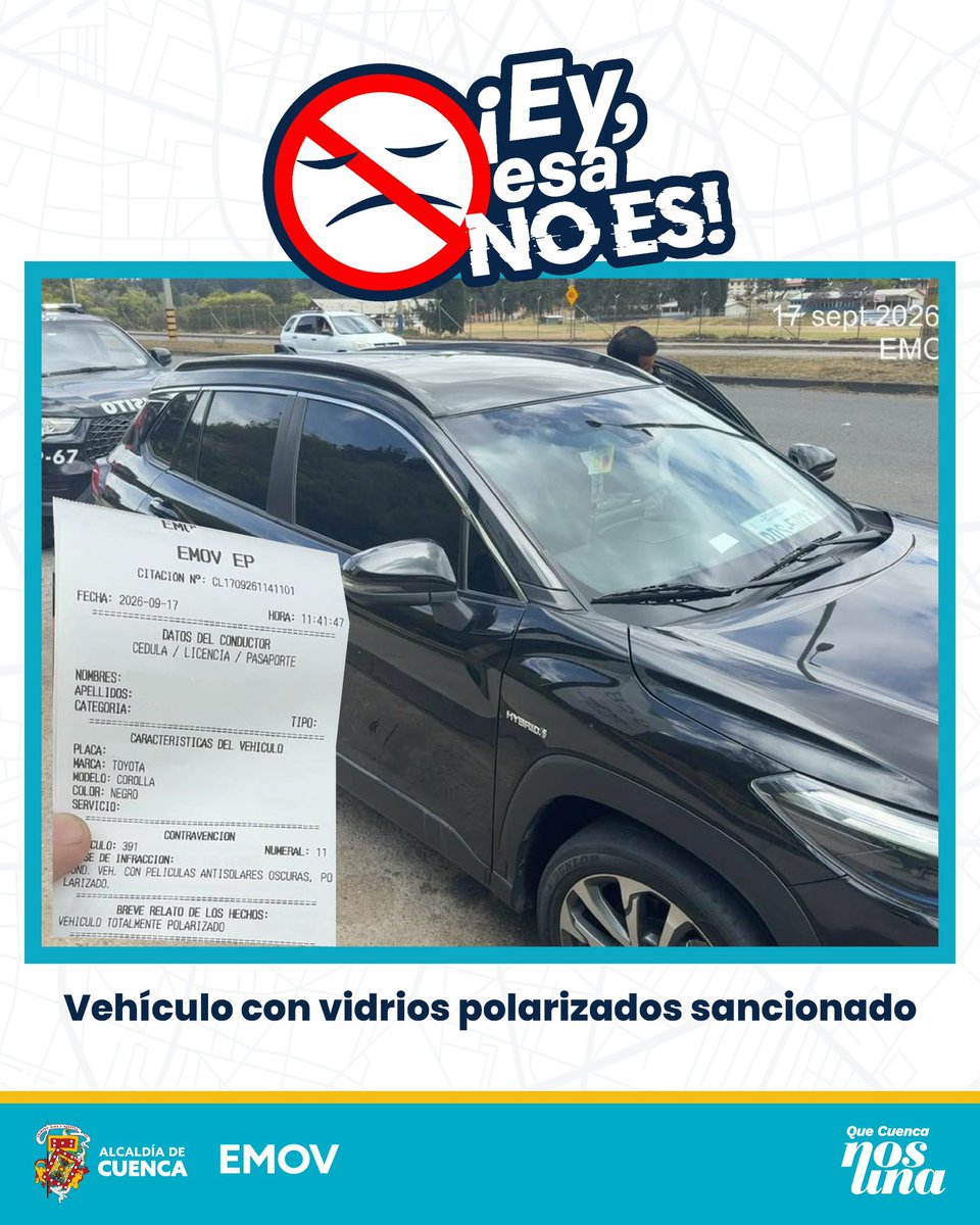 emov_ep's tweet photo. 🚨 ¡Ey, esa no es!
La EMOV EP fortalece los controles para contribuir a una movilidad más segura.
Durante estos operativos, conductores que circulaban con VIDRIOS POLARIZADOS fueron sancionados.
#EMOVContigo
@MarisolPenaloz2
@AlcaldiaCuenca1 https://t.co/Zxgvgu3BQZ