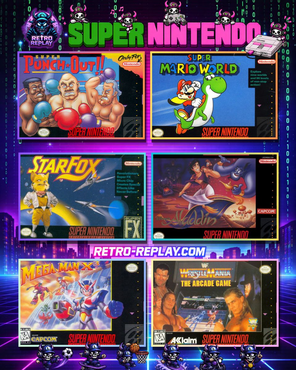 RetroReplayer's tweet photo. #RetroReplayPick Six SNES classics. You can only keep ONE:

Super Punch-Out!! | Super Mario World | Star Fox | Aladdin | Mega Man X3 | WWF WrestleMania: The Arcade Game
Which one?
#SNES #SuperNintendo #RetroGaming #RetroReplay https://t.co/insJH8OHRb