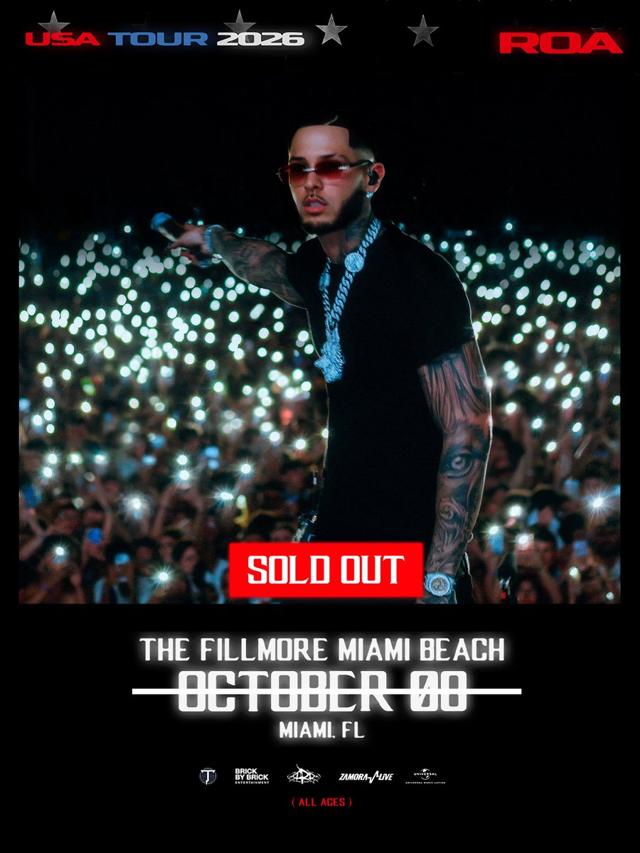 FillmoreMB's tweet photo. Nos vemos muy pronto Miami 🎶😎 ROA llega a #TheFillmoreMB el 8 de octubre con su #soldout show. See you soon 🎉 https://t.co/VkgFxqY5eK