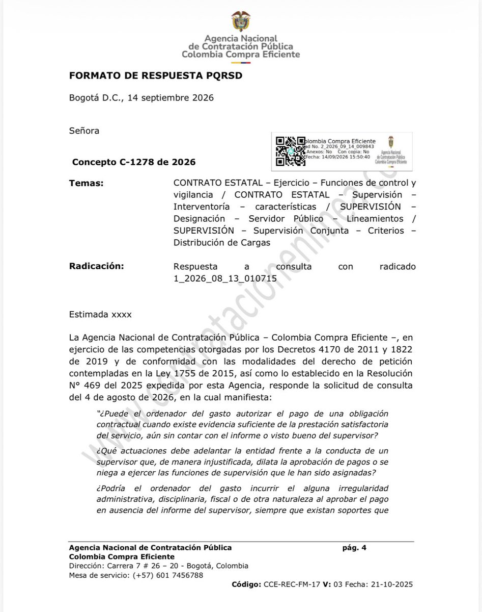 A_PeraltaR's tweet photo. 1/9🧵 La Agencia Nacional de Contratación Pública —@colombiacompra — analiza el alcance de las funciones del supervisor contractual frente a la verificación del cumplimiento, la aprobación de cuentas de cobro y la procedencia del pago cuando no se cuenta con su informe, certificación o visto bueno.

El concepto resuelve, en términos generales, dos interrogantes:

1. ¿Cuál es el alcance de las funciones del supervisor en la verificación del cumplimiento contractual y en el trámite de las cuentas de cobro, y qué consecuencias puede generar la demora o negativa injustificada para revisarlas?

2. ¿Puede el ordenador del gasto autorizar el pago sin el informe o certificación del supervisor cuando existen otros documentos que acreditan la ejecución del contrato?