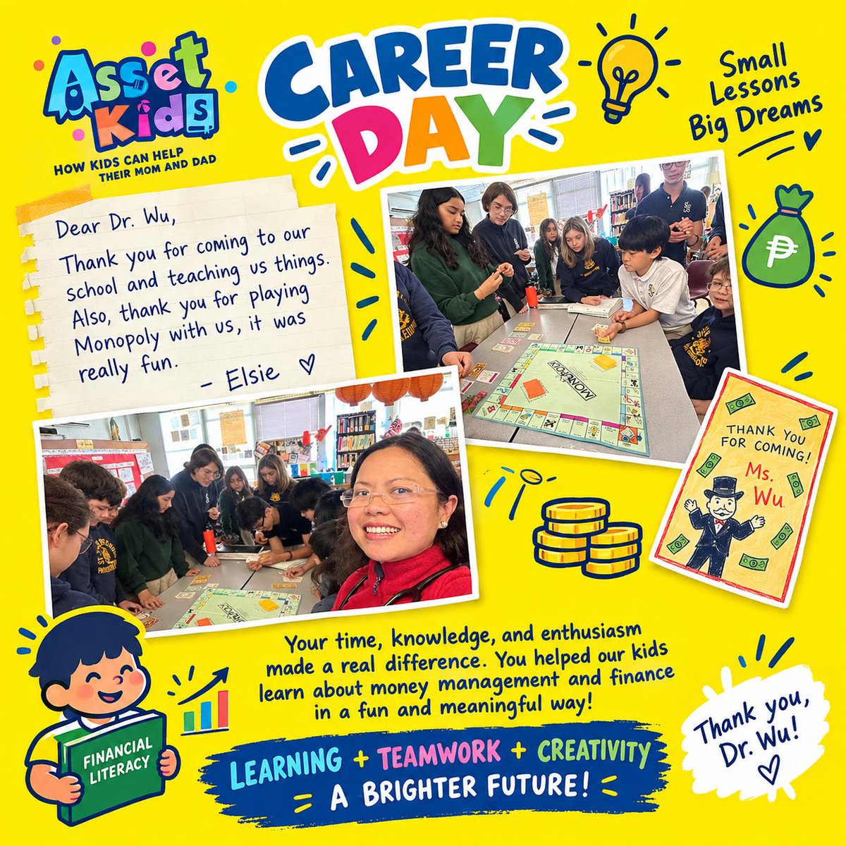 AssetKids's tweet photo. "Thank you for coming to our school and teaching us things. Also, thank you for playing monopoly with us, it was really fun." - Elise

#assetkids 
#financialliteracy https://t.co/c2rAX4EjSq