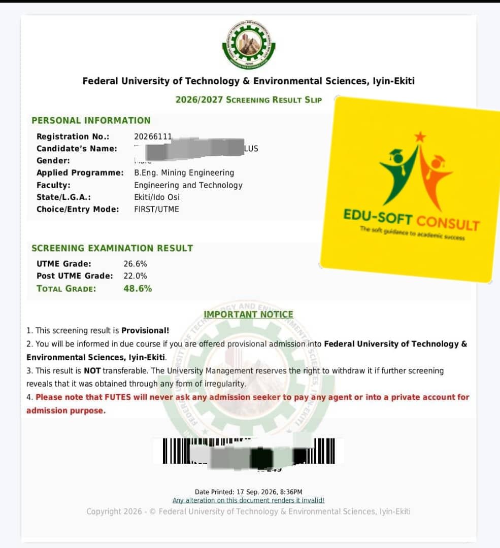 Edusoftconsult1's tweet photo. 📌 JUST IN
FEDERAL UNIVERSITY OF TECHNOLOGY AND ENVIRONMENTAL SCIENCES, IYIN EKITI (FUTES) RELEASES POST-UTME SCREENING RESULTS FOR THE 2026/2027 ACADEMIC SESSION https://t.co/2sgyVXHdSP