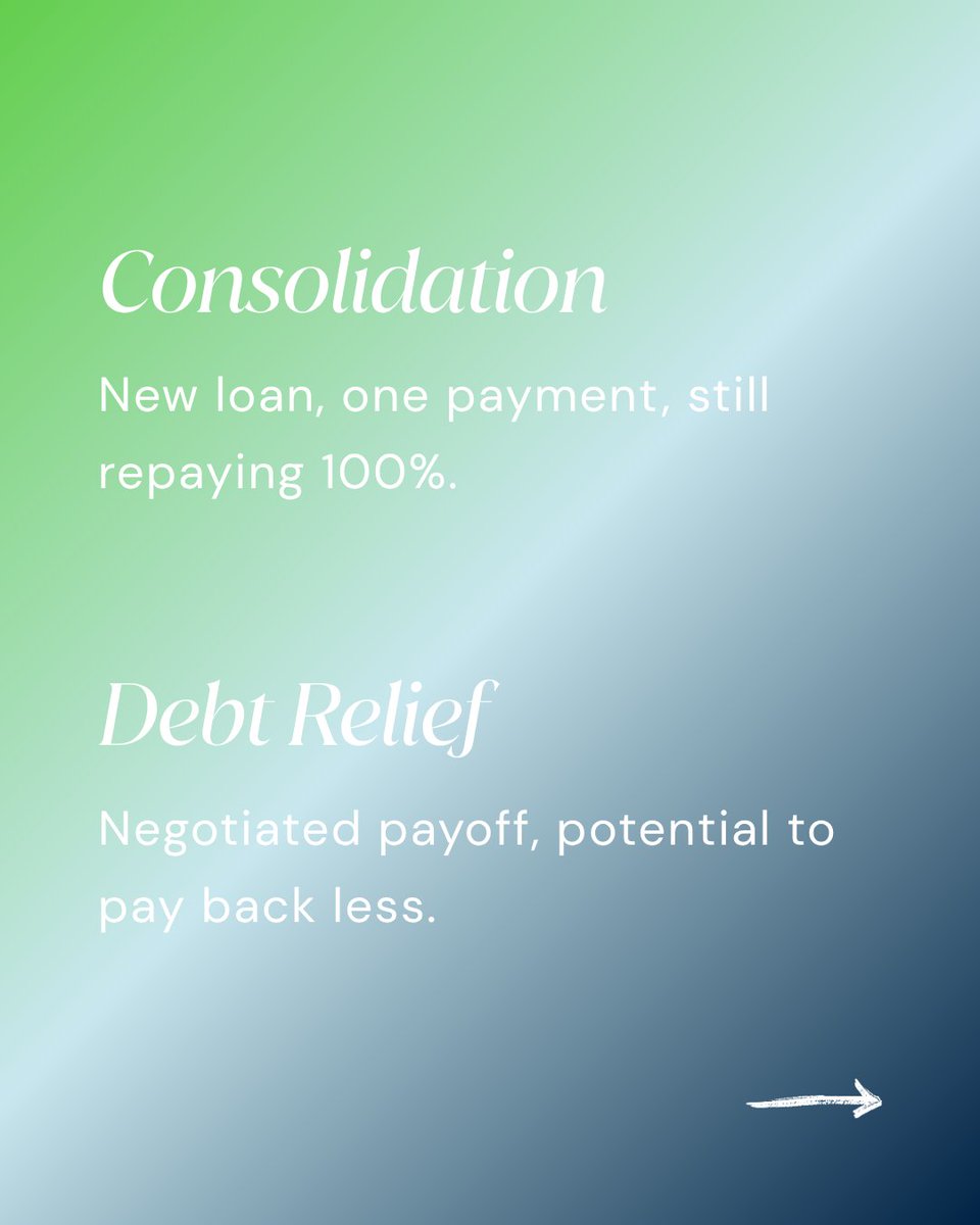 TheTurboDebt's tweet photo. Debt consolidation ≠ debt relief. One combines what you owe. One reduces it. ⚖️ Picking the wrong one can cost you time AND money!

#TurboDebt #DebtRelief #DebtConsolidation #CreditCardDebt https://t.co/IgJfV3nf40