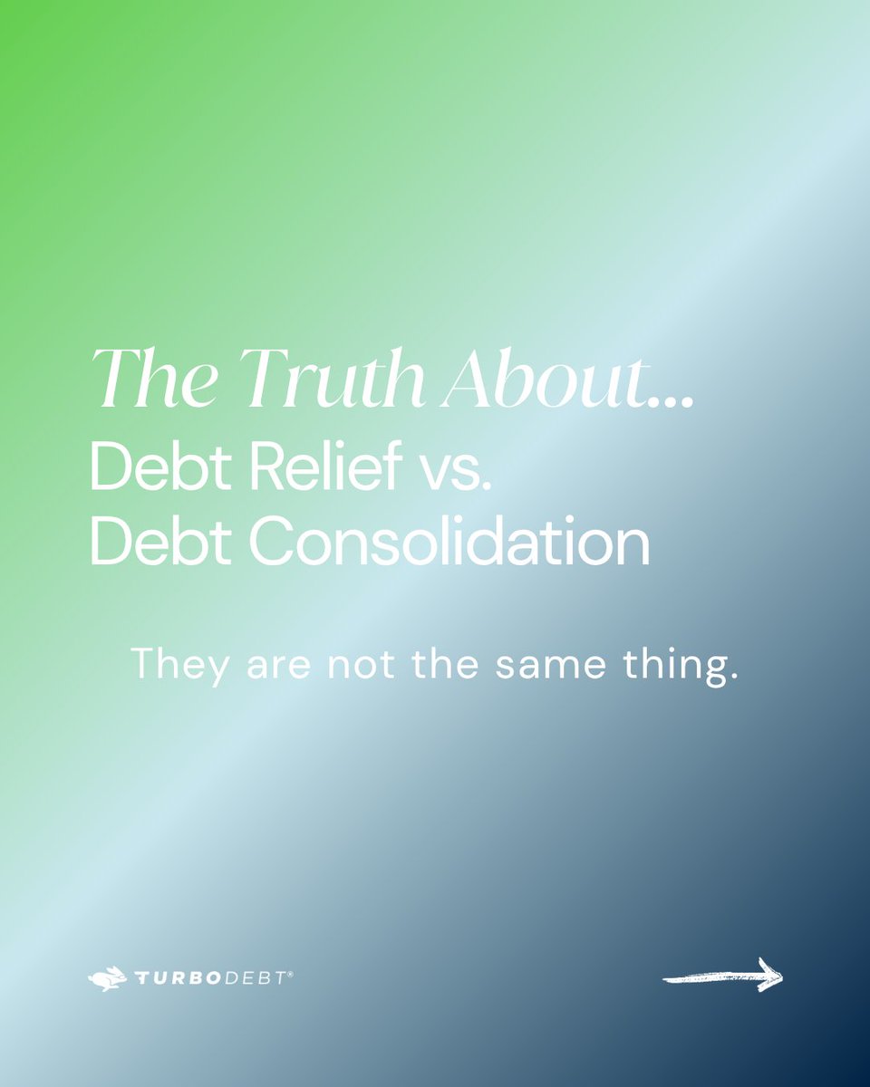 TheTurboDebt's tweet photo. Debt consolidation ≠ debt relief. One combines what you owe. One reduces it. ⚖️ Picking the wrong one can cost you time AND money!

#TurboDebt #DebtRelief #DebtConsolidation #CreditCardDebt https://t.co/IgJfV3nf40