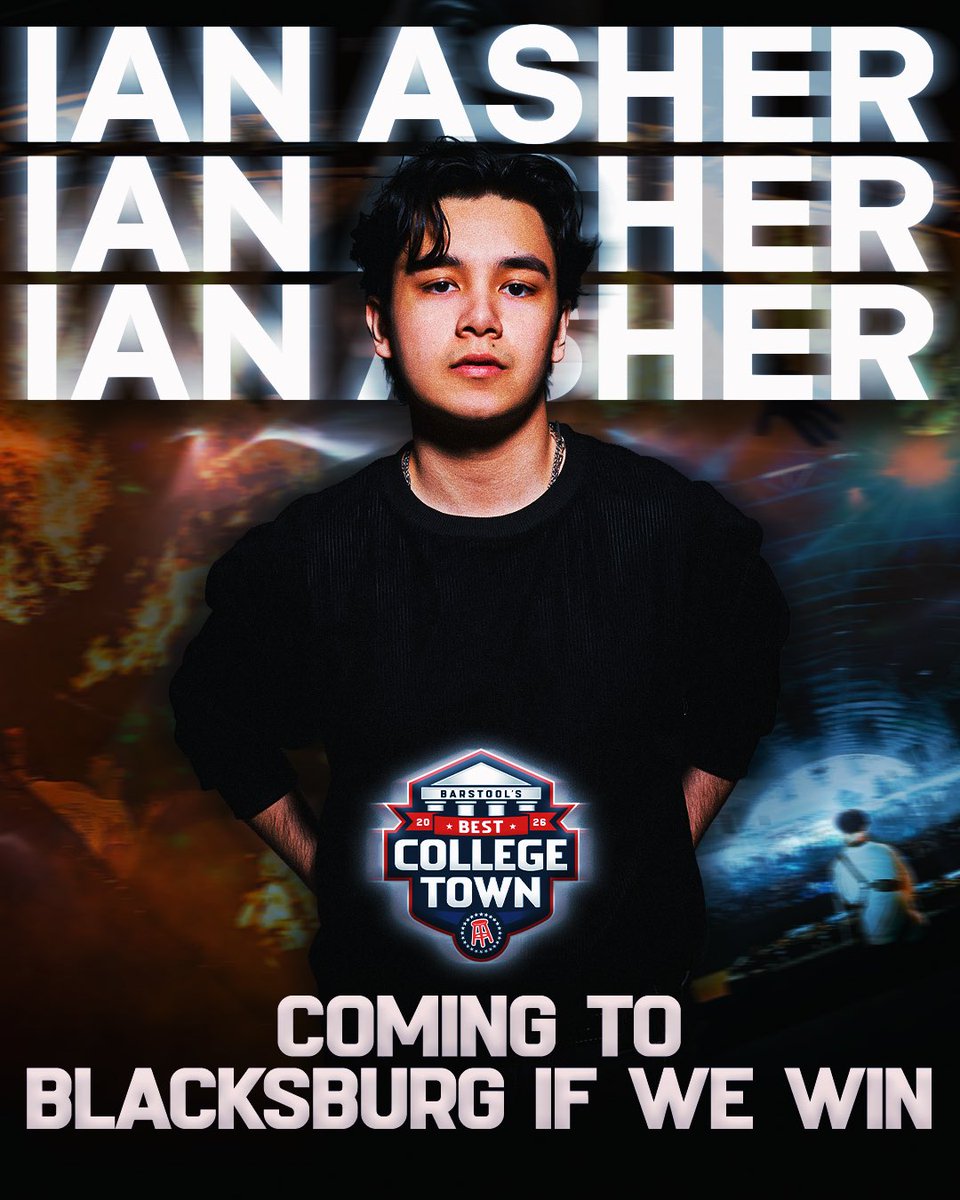 BarstoolVTech's tweet photo. @ianasher is coming to Blacksburg to perform if we win 🔥

EVERY VOTE COUNTS!

Come back to this page TOMORROW at 1 PM ET and cast your vote to bring @ianasher to town https://t.co/09FPucdfuq