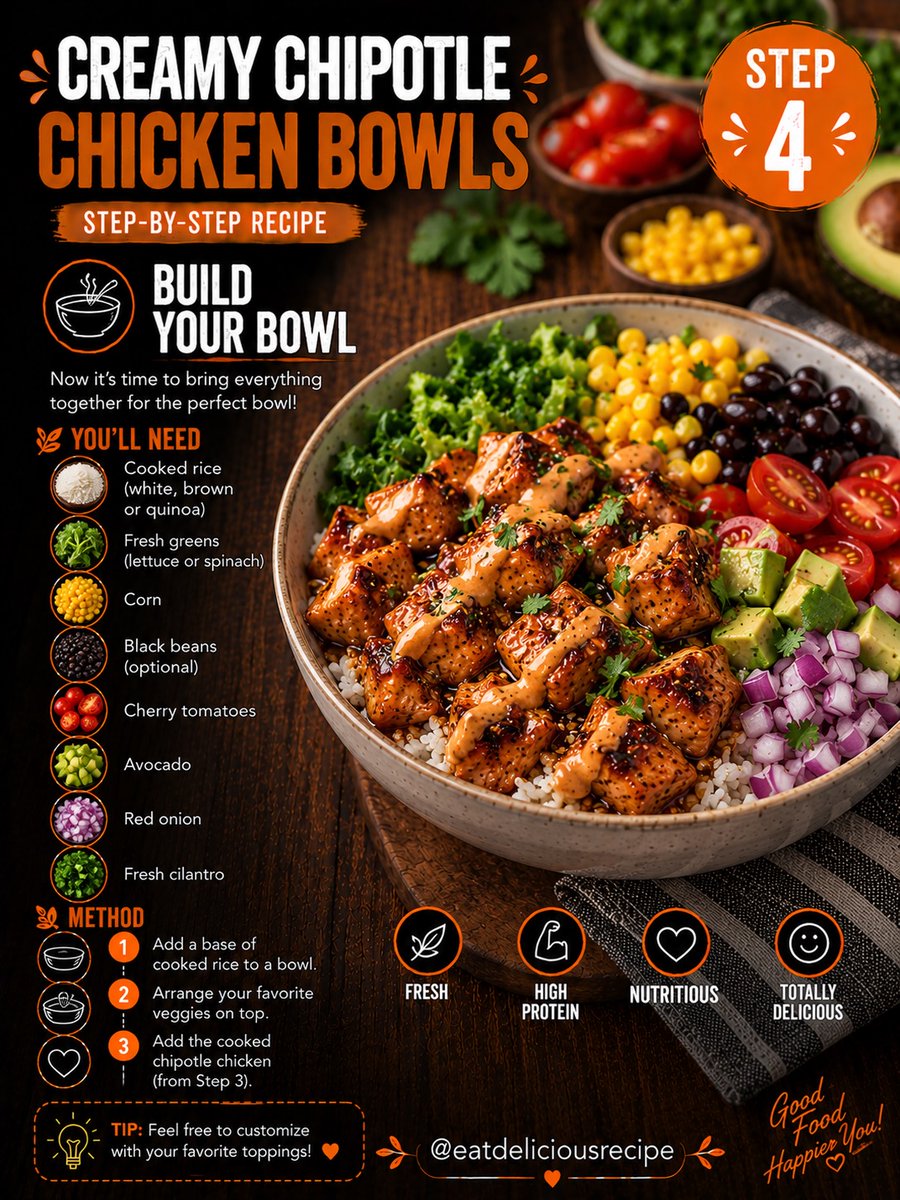 benjaminwhitemh's tweet photo. Creamy chipotle chicken bowls: Season 450 g cubed chicken, marinate 15–30 min, then cook 6–8 min. Serve over rice with greens, corn, beans, tomatoes, avocado, onion, cilantro, lime, and chipotle yogurt sauce. https://t.co/nFJb1a8d5G