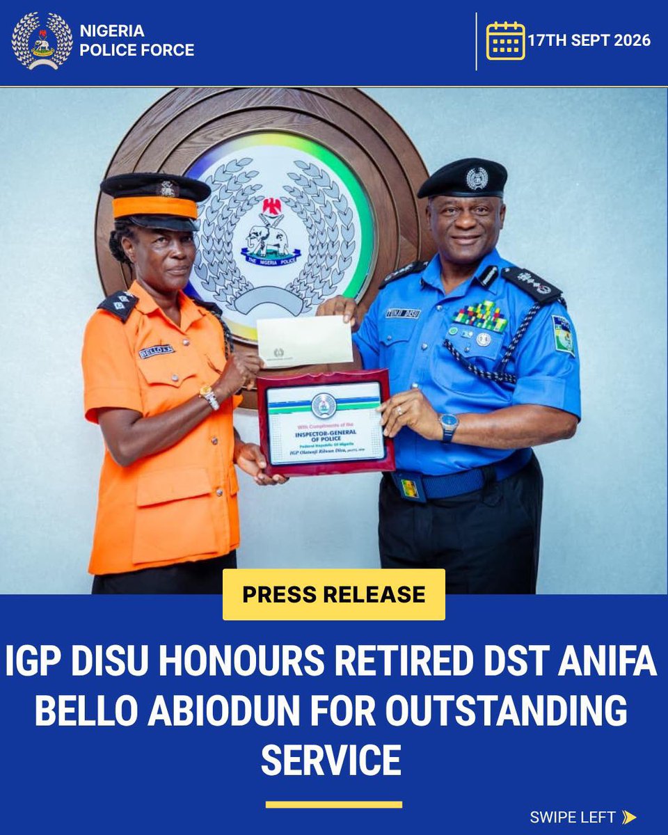 PoliceNG's tweet photo. IGP DISU HONOURS RETIRED DST ANIFA BELLO ABIODUN FOR OUTSTANDING SERVICE

The Inspector-General of Police, IGP Olatunji Rilwan Disu, psc(+), NPM, on Thursday, 17 September 2026, honoured retired Deputy Superintendent of Traffic (DST) Anifa Bello Abiodun with the IGP’s Award of Recognition and cash support in appreciation of her outstanding service to the Nigeria Police Force.

The presentation took place at the Force Headquarters, Abuja, where the IGP commended the retired officer for her professionalism, discipline, resilience and dedication to traffic management during her years of service with the Ogun State Police Command, particularly in Abeokuta.

Throughout her career, DST Anifa Bello Abiodun distinguished herself through her commitment to duty and consistent service to members of the public. Her professionalism and dedication earned her the appreciation and goodwill of residents and road users within the communities where she served, culminating in public recognition of her service.

Speaking during the presentation, the IGP noted that members of the public appreciate the Police when officers discharge their duties professionally and responsibly, stressing that public dissatisfaction is often directed at misconduct rather than the institution itself. He expressed satisfaction that the retired officer had earned the respect and recognition of the community she served.

The IGP further emphasised that while the Nigeria Police Force will continue to hold personnel accountable for misconduct, it is equally important to recognise and reward officers who demonstrate professionalism, integrity and exemplary service. He noted that such recognition reinforces the values expected of personnel and encourages others to distinguish themselves through dedicated service.

The Nigeria Police Force remains committed to promoting accountability, rewarding exemplary conduct and recognising personnel whose dedication to duty strengthens public confidence and contributes meaningfully to policing and service to communities across the country.

CSP Ani Iniedu, Anipr  
Force Public Relations Officer  
Force Headquarters, Abuja  
17th September, 2026