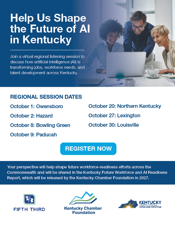 KyChamberFdn's tweet photo. The Kentucky Chamber Foundation wants to hear from employers across the Commonwealth. Join a virtual listening session this October and help us understand how Kentucky businesses are using AI, how workforce and skill needs are changing, and what employers need to prepare for the future.

Your insights will help ensure Kentucky's workforce-readiness efforts reflect the real opportunities, challenges, and needs facing employers across the state.

Register for a virtual listening session now: https://t.co/aitp85rP3j