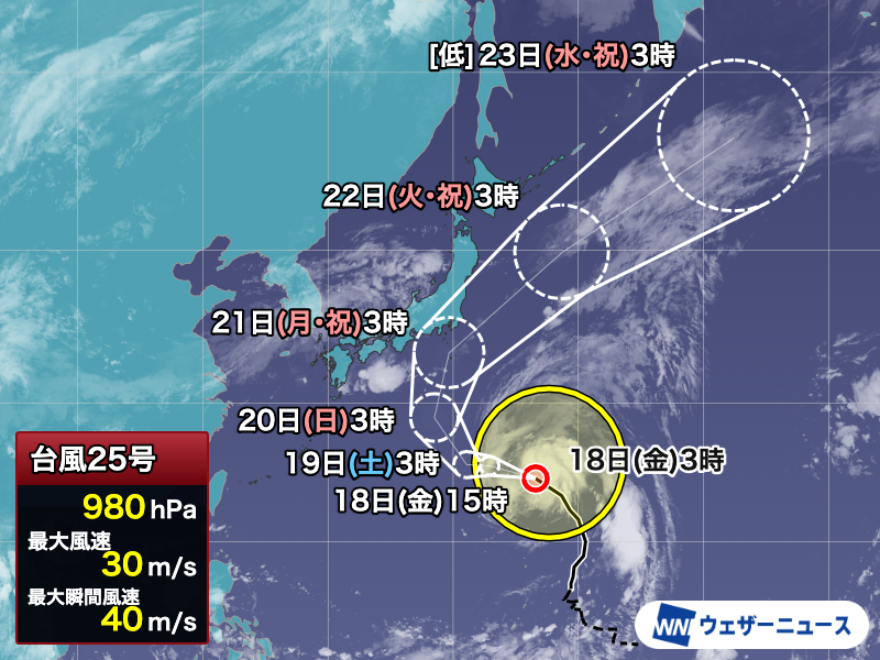 wni_jp's tweet photo. 【台風情報】
18日(金)3時現在、大型の台風25号(ドゥージェン)は小笠原近海を北西に進んでいます。

今日18日(金)から明日19日(土)にかけて小笠原諸島に接近し、その後は北上してシルバーウィークの21日(月)・敬老の日に関東へ近づくおそれがあります。
https://t.co/tM71r46L5d https://t.co/duhal3OQcZ