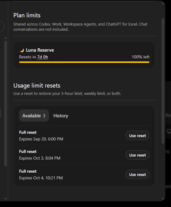 Codex plan-limits screen showing shared limits and several available full resets after usage exhaustion