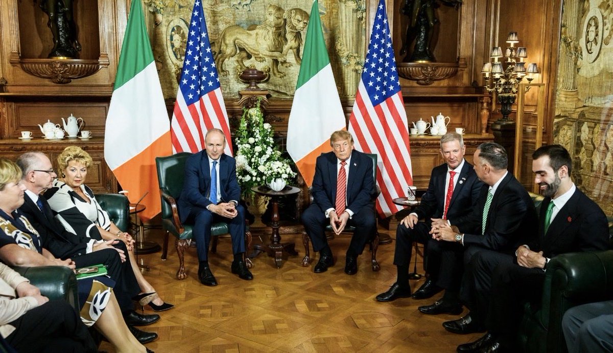 may_mail_man's tweet photo. President Donald J. Trump with the President of Ireland, Catherine Connolly, and Taoiseach Micheál Martin in Dublin, Ireland. 🇮🇪 🇺🇸 https://t.co/lRfOyVnkwI