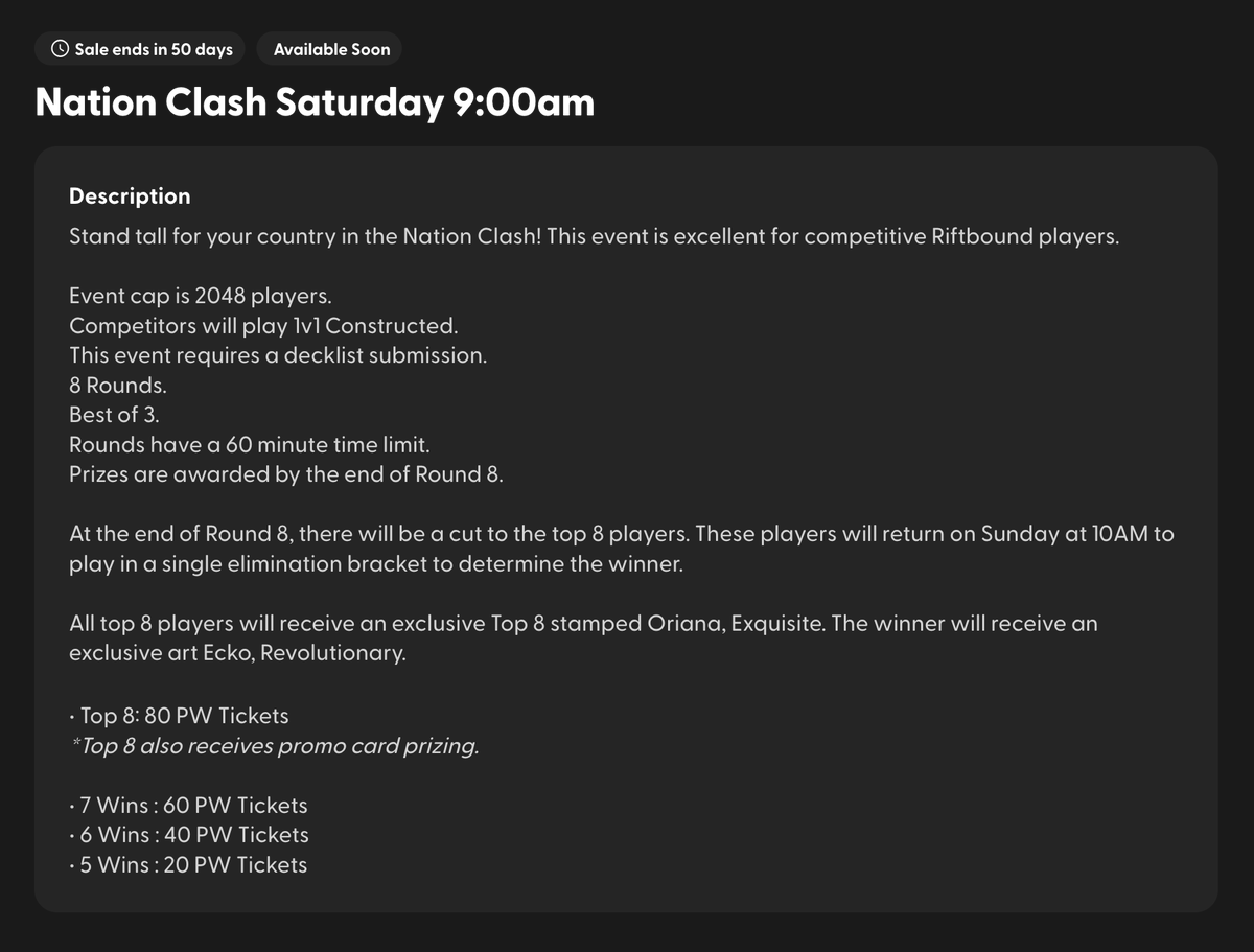 dunctcg's tweet photo. Nation Clash has been announced as a side event at the #RCStuttgart. 

2048 players. Top 8 qualify for a Top Cut on Sunday. Not sure what makes it a "Nation Clash" but looks to be the most competitive event outside of Main Event. https://t.co/miKLx1MNmq